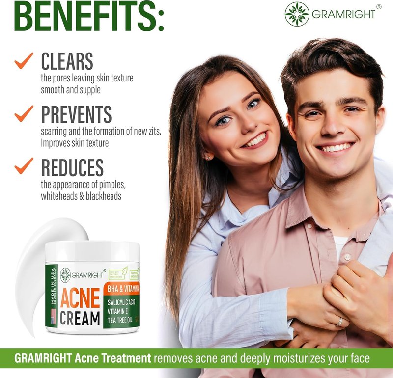Acne Face Cream - Natural Tea Tree Oil & Salicylic Acid Treatment for All Skin Types | 4 fl. oz Cystic Acne Solution