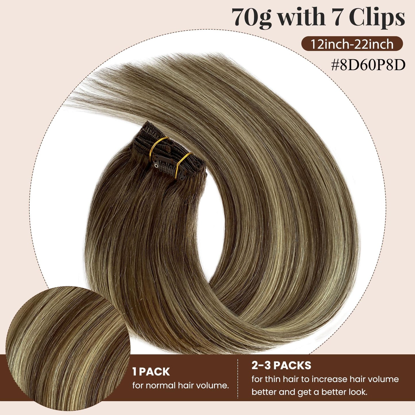 Clip in Hair Extensions, 18 inch Clip in Hair Extensions Real Human Hair, 7PCS Ombre Highlight Ash Blonde Clip in Hair Extensions, 70g Seamless Clip ins Human Hair