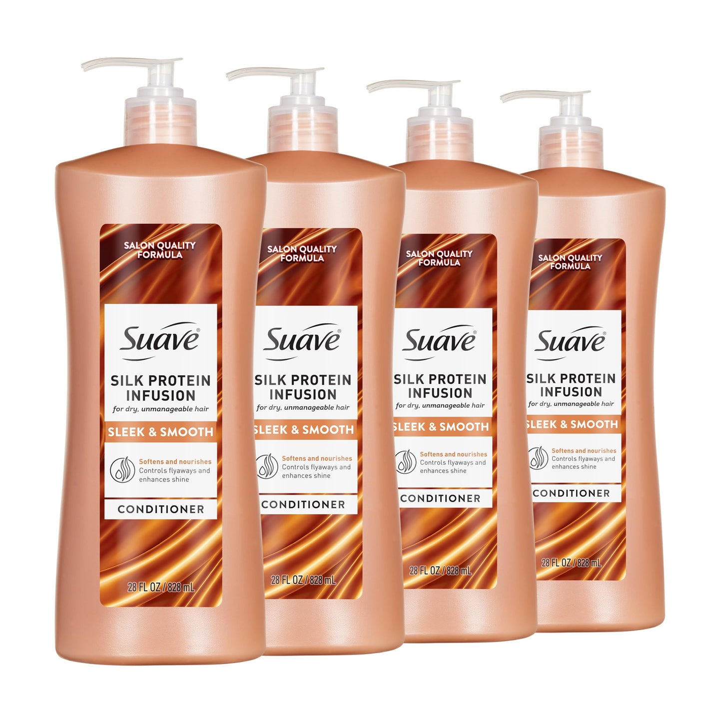 Suave Silk Protein Infusion Sleek & Smooth Conditioner for Dry, Unmanageable Hair, Anti Humidity & 48HR Frizz Control, Enhances Shine & Detangles, 28 FL OZ Pump, 4 Count