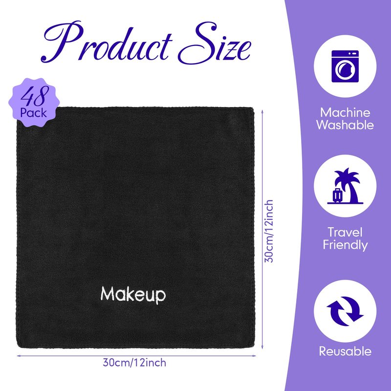 Macarrie 48 Pcs Makeup Towels Gifts Bulk for Women Teacher Graduation Employee 12 x 12 Inch Travel Make up Cloth Microfiber Wash Reusable Remover Face Skin Cleaning Soft Absorbent Spa Facial(Black)