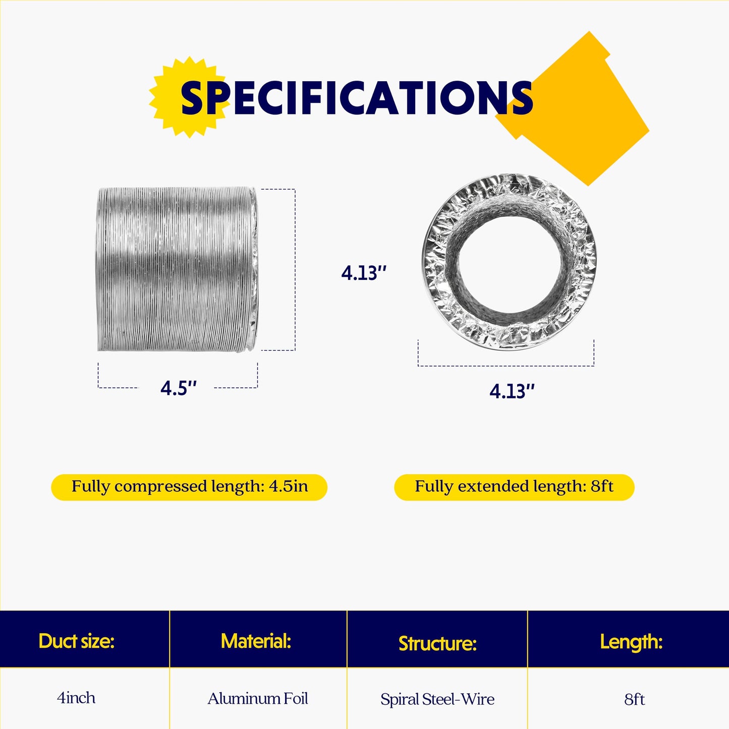 iPower GLDUCT4X8C 4 inch 8 feet Non-Insulated Flex Air Aluminum Foil Ducting Dryer Vent Hose for HVAC Ventilation with 2 Clamps, 4'' X 8', Silver