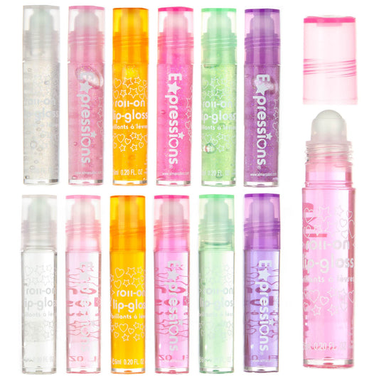 12pc Roll On Lip Gloss Set with Carrying Case, 12-Piece Glossy Girls & Kids