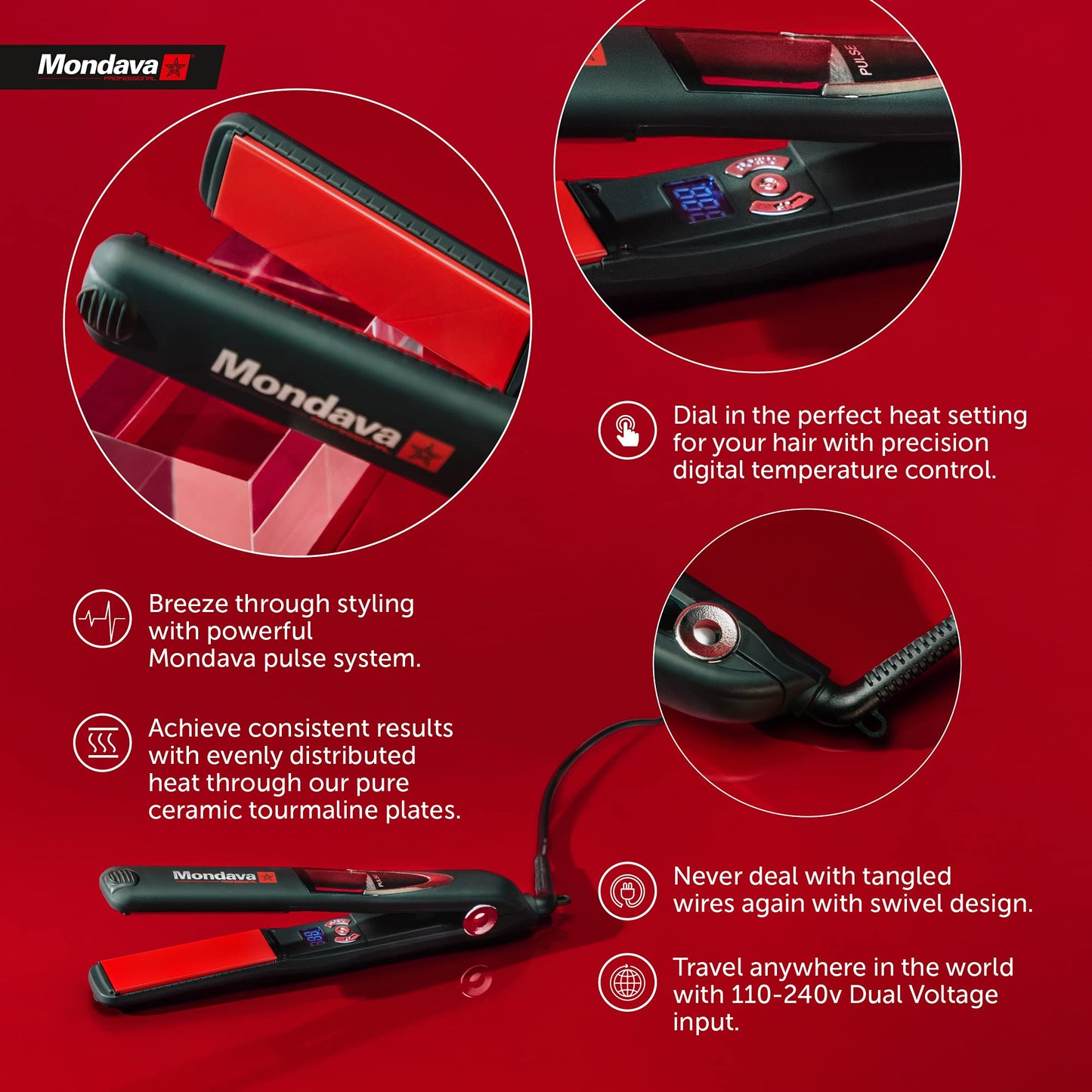 MONDAVA Professional Ceramic Tourmaline Hair Straightener Flat Iron and Curler, Ionic Dual Voltage Adjustable Digital LED Technology, Straighten and Style Wild Hair in 8 Min, 1”