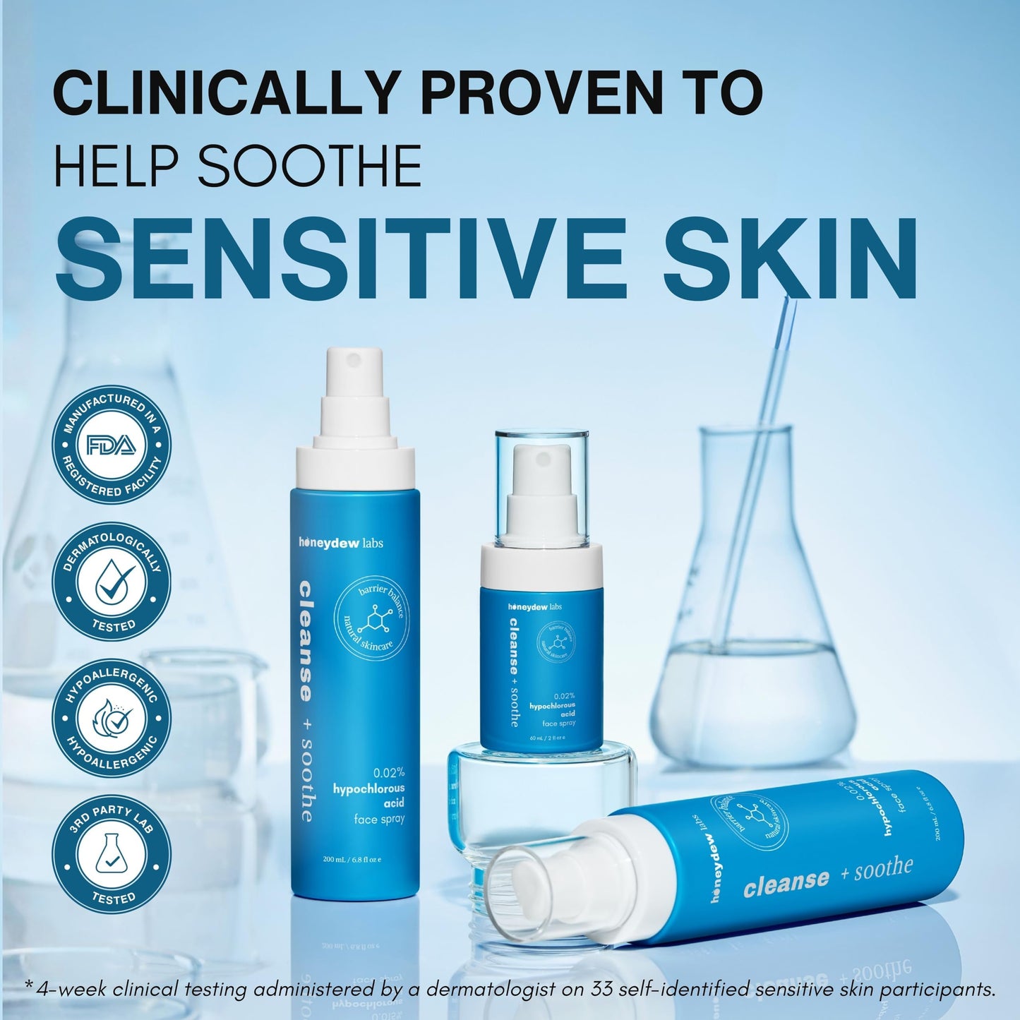 Hypochlorous Acid Spray – Dermatologist Tested HOCl Facial Cleanser for Sensitive, Acne-Prone & Irritated Skin Soothes Redness, Eczema, Rashes & Itching – Skin Repair Spray, 2oz + 6.8oz, Honeydew Labs