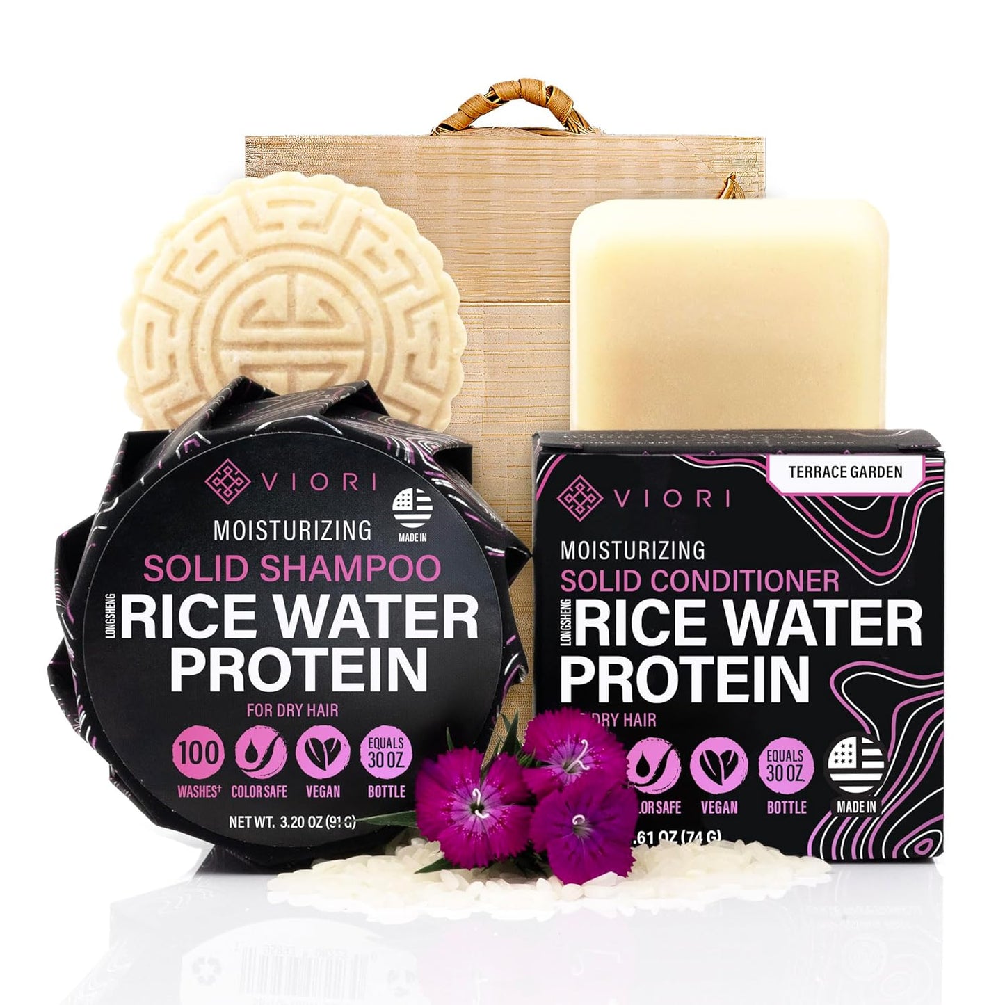 Viori Terrace Garden Shampoo & Conditioner Bar Set | Bamboo Holder, Rice Water Formula for Hair Growth, Sulfate-Free