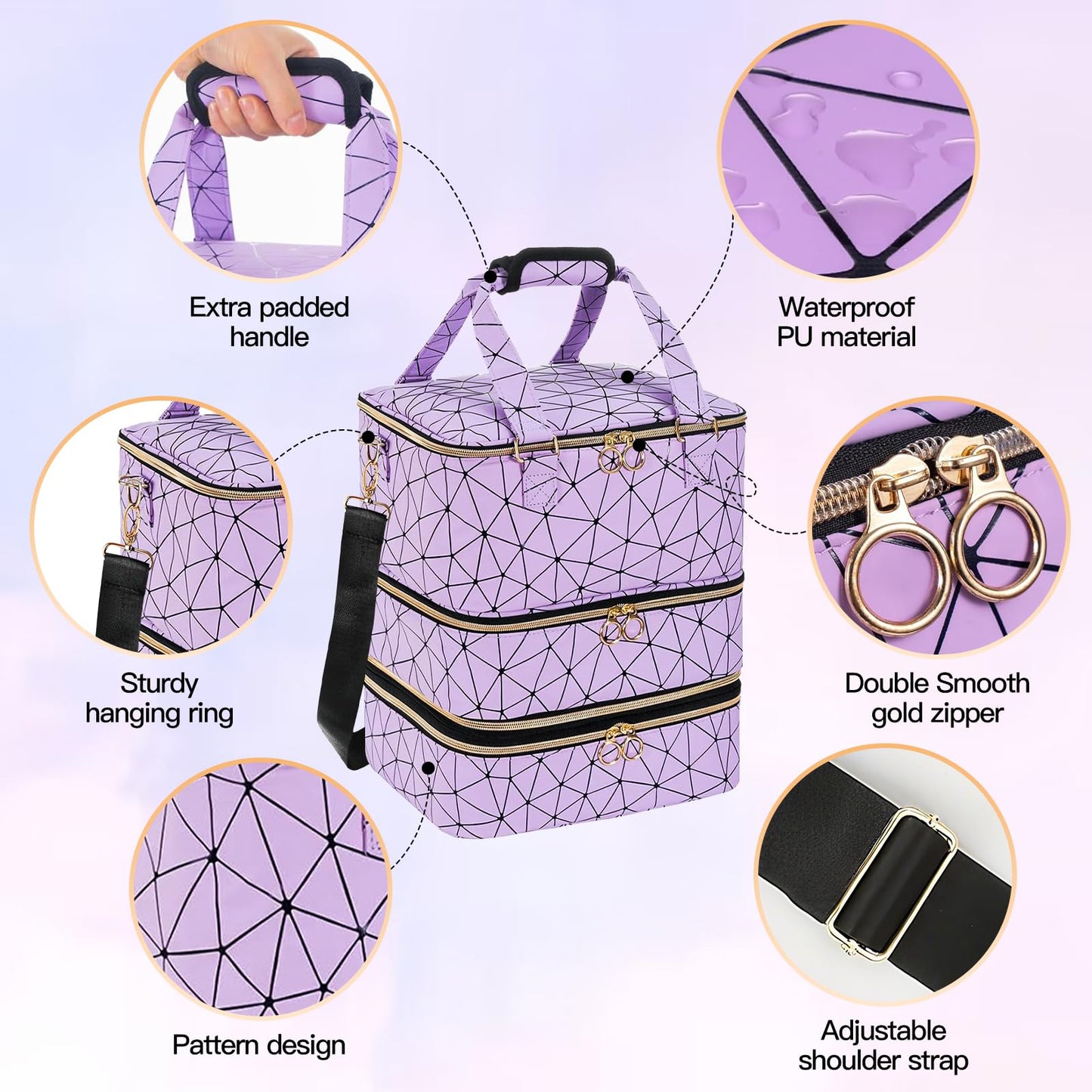 WflamaS 3-Layer Nail Polish Organizer Bag, Holds 84 Bottles and Lamp, Waterproof PU Leather Case with Reinforced Golden Zippers, Portable Nail Tech Travel Bag for Manicure Supplies