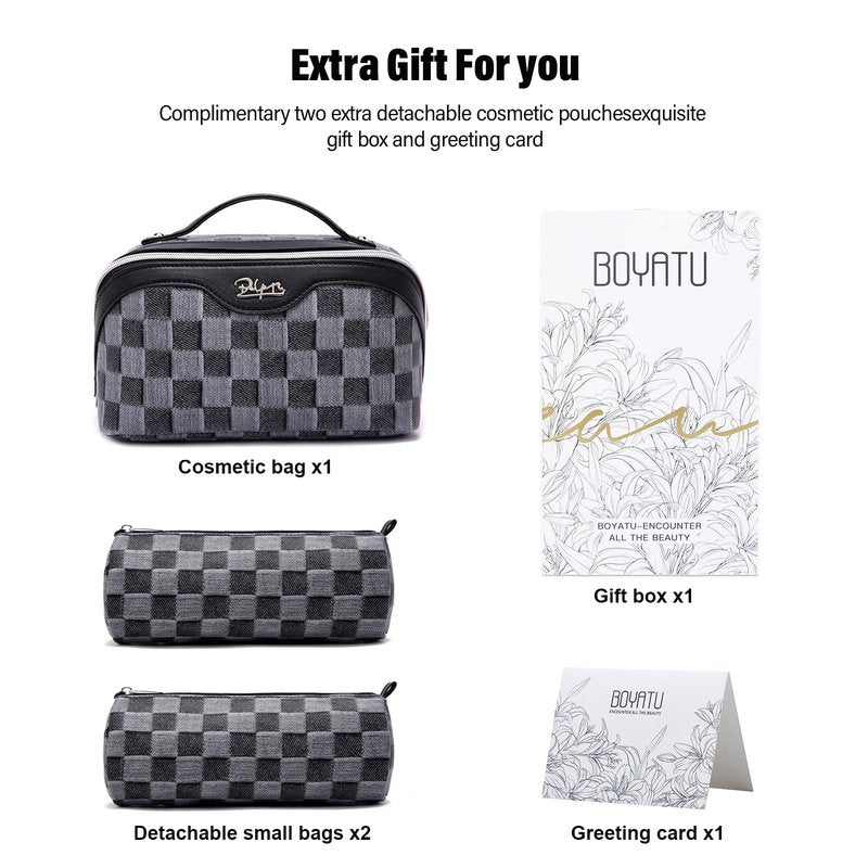 BOYATU Travel Makeup Bag for Women: Large Cosmetic Bag Set of 3 - PU Leather Make up Bag with Compartments - Compact Waterproof Toiletry Bag with Divider & Handle (D-2-Black)