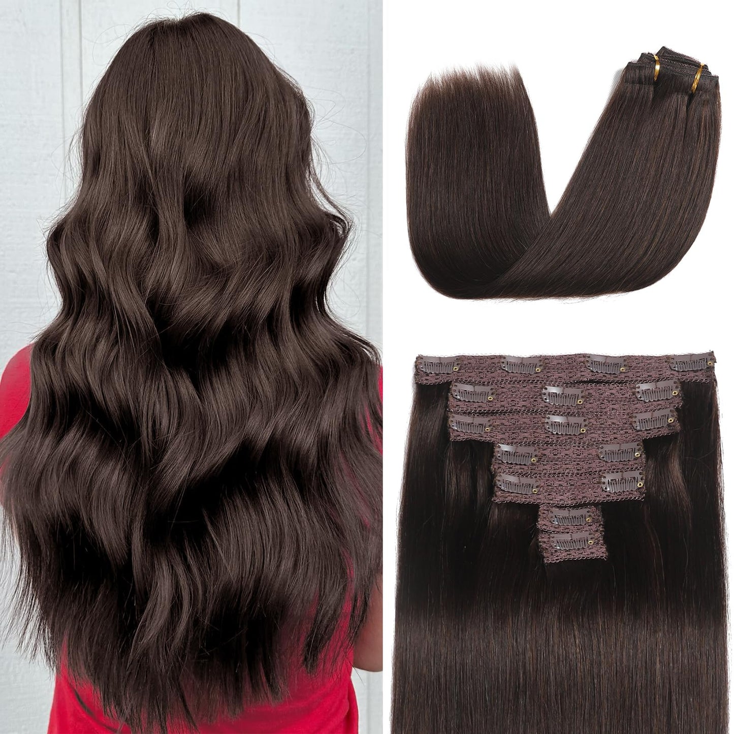 Mocona Clip in Hair Extensions Real Human Hair, Dark Brown – 16 Inch 7pcs 70g/Pack, Soft Hair Extensions Real Human Hair Clip ins Straight Suitable for all Hair Types (#2 16 Inch)