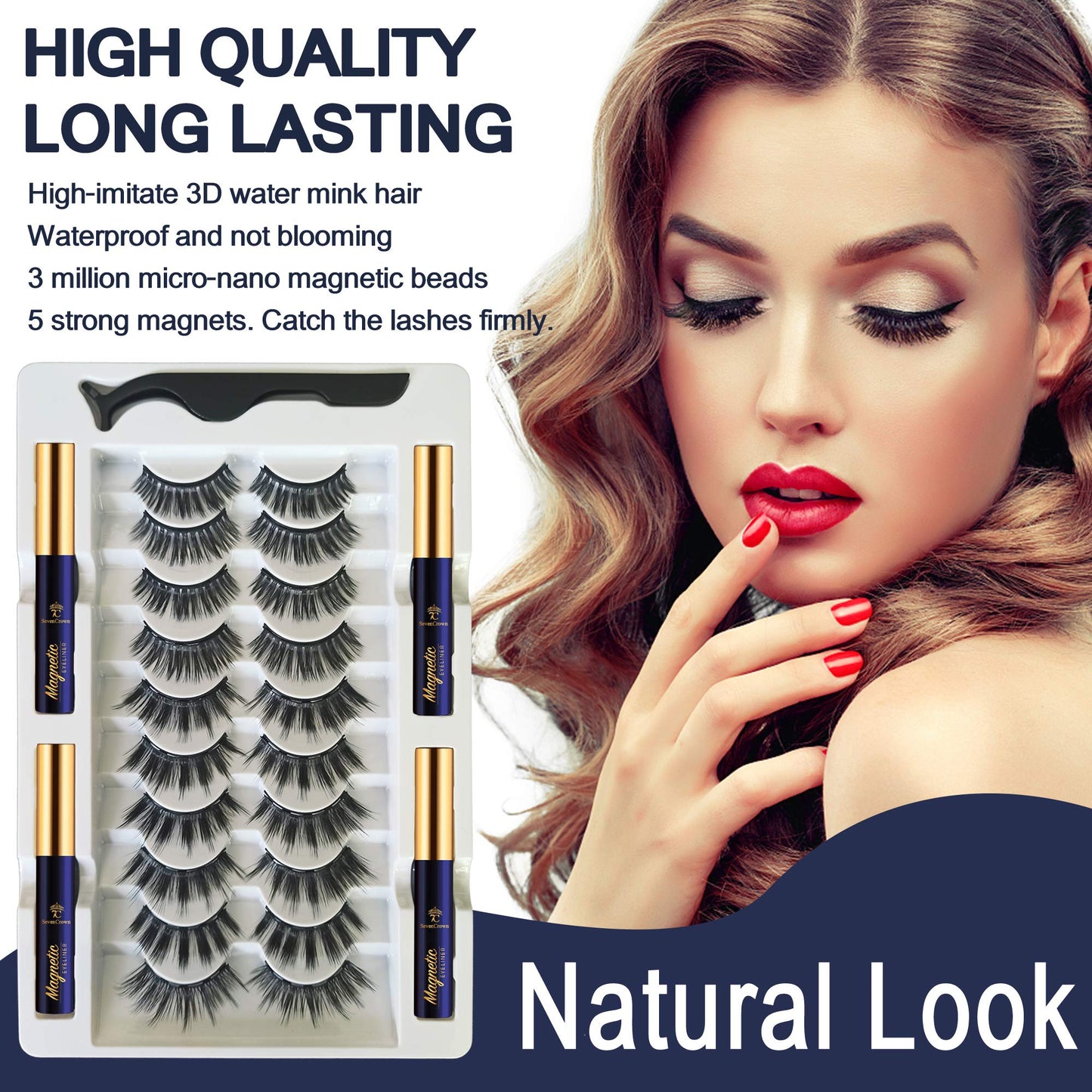 7C SevenCrown 10 Pairs Magnetic Eyelashes Magnetic Lashes with Applicator.Upgraded 4 Tubes of Liner Waterproof, Long Lasting, 3D Natural Look,Reusable False Faux Lashes Easy to Apply.