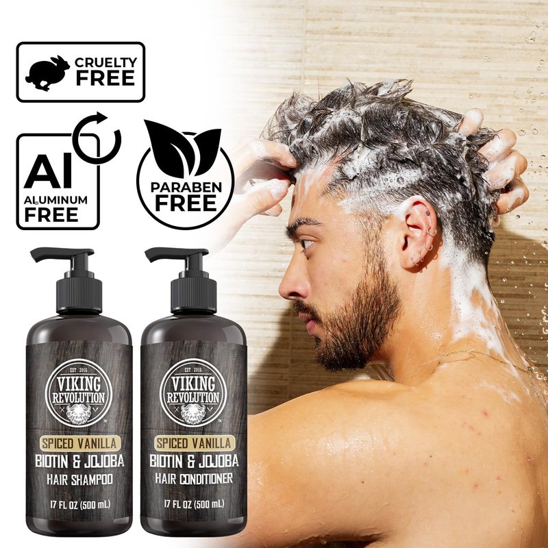 Viking Revolution Spiced Vanilla Men's Shampoo & Conditioner Set | Biotin & Jojoba Oil for Thinning Hair (17 Oz)