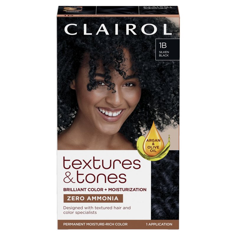 Clairol Textures & Tones Permanent Hair Dye, 1B Silken Black Hair Color | Ammonia-Free | Moisture-Rich Formula with Argan, and Olive Oil for Brilliant Shine | Pack of 1