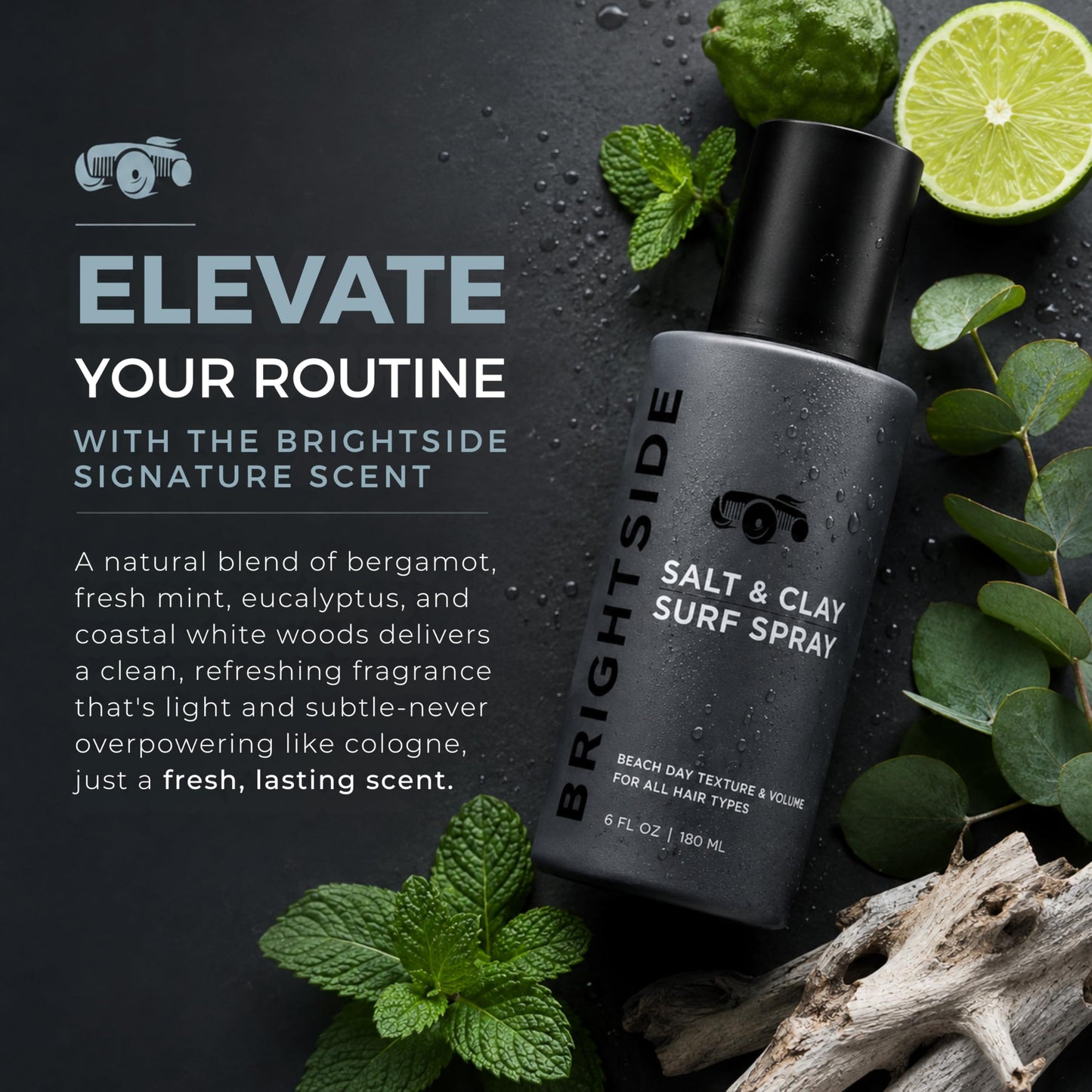 BRIGHTSIDE Salt & Clay Surf Spray - Instant Volume & Texture for Thicker Looking Hair - Natural Sea Salt Spray for Men & Women - Hydrate & Hold for All Hair - Alcohol-Free, Clean ingredients - 6oz