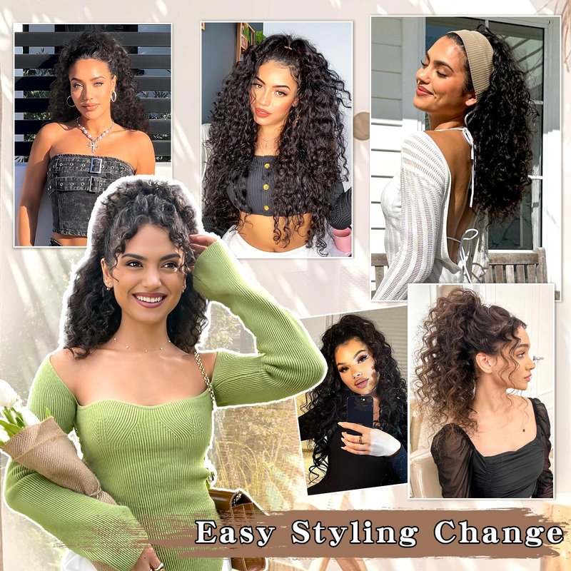 SHNMIN Ponytail Extension,Curly Drawstring Ponytail Extension for Black Women Natural Black Curly Clip in Hair Extensions 18 Inch Synthetic Hairpiece for Daily Party
