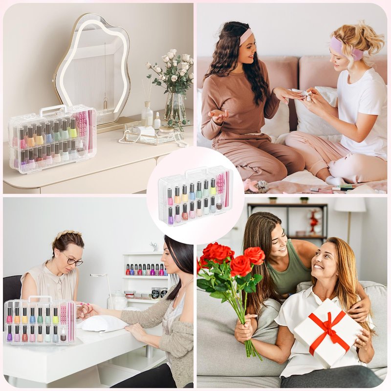 Lifewit Nail Polish Organizer Case for 36 Bottles with 8 Adjustable Sections, Portable Sturdy Gel Nail Polish Storage Holder with 4 Nail Separators, Clear, 33 × 8 × 20 cm/13 x 3 x 8 inch, 2 Pack