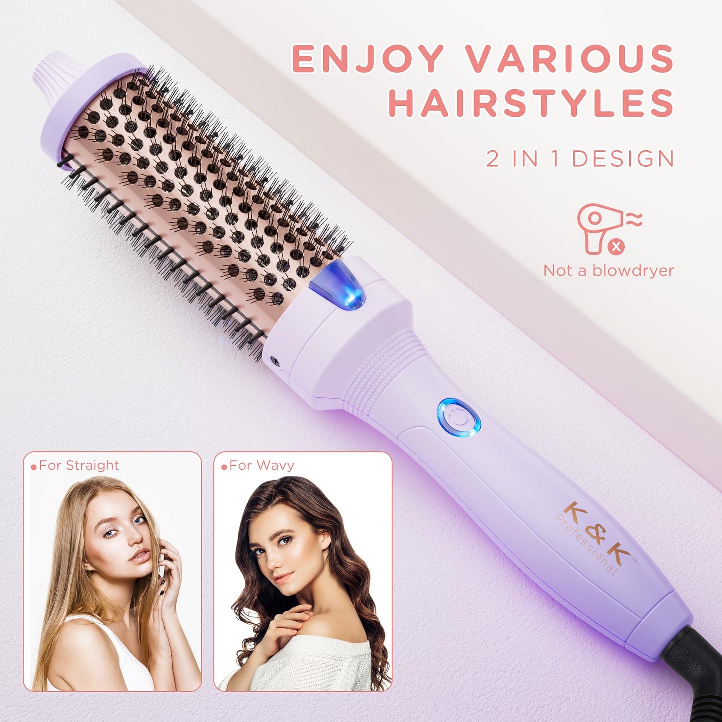 K&K 1.5 inch Volumizing Brush Heated Curling Ceramic Tourmaline Ionic Curling Iron Quick Heating Makes Hair Silky Smooth Dual Voltage Travel-Friendly Straightening Round Design (Purple, 1.5 Inch)