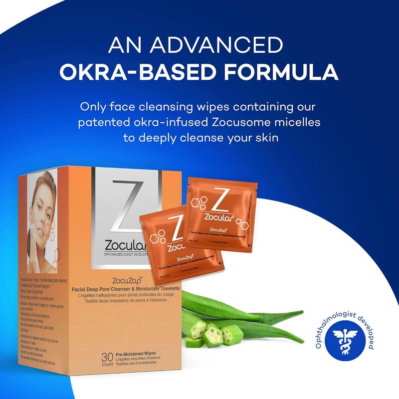 Zocular Face Wipes - Moisturizing Makeup Removal & Gentle Exfoliation with Natural Okra Complex | 15 Count
