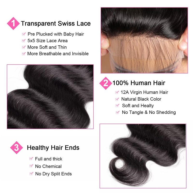 5x5 Lace Closure Body Wave Human Hair - Invisible Ultra-Thin Brazilian Virgin Hair, Pre-Plucked, Natural Black, 16 Inch