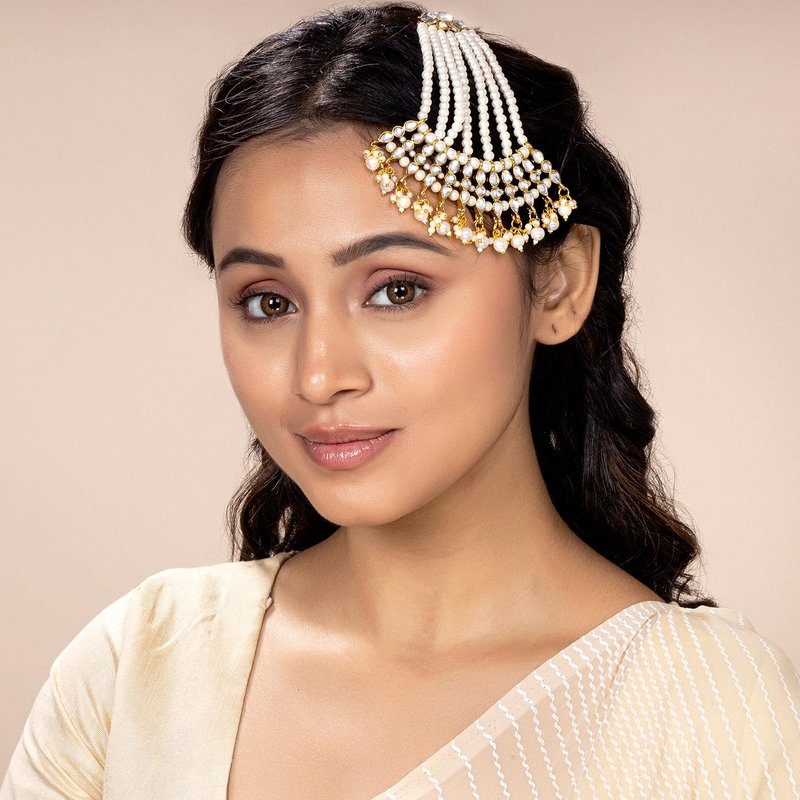 Aheli Faux Kundan Pearls White Maang Tikka Matha Patti Indian Traditional Bollywood Jewelry Gift for Women