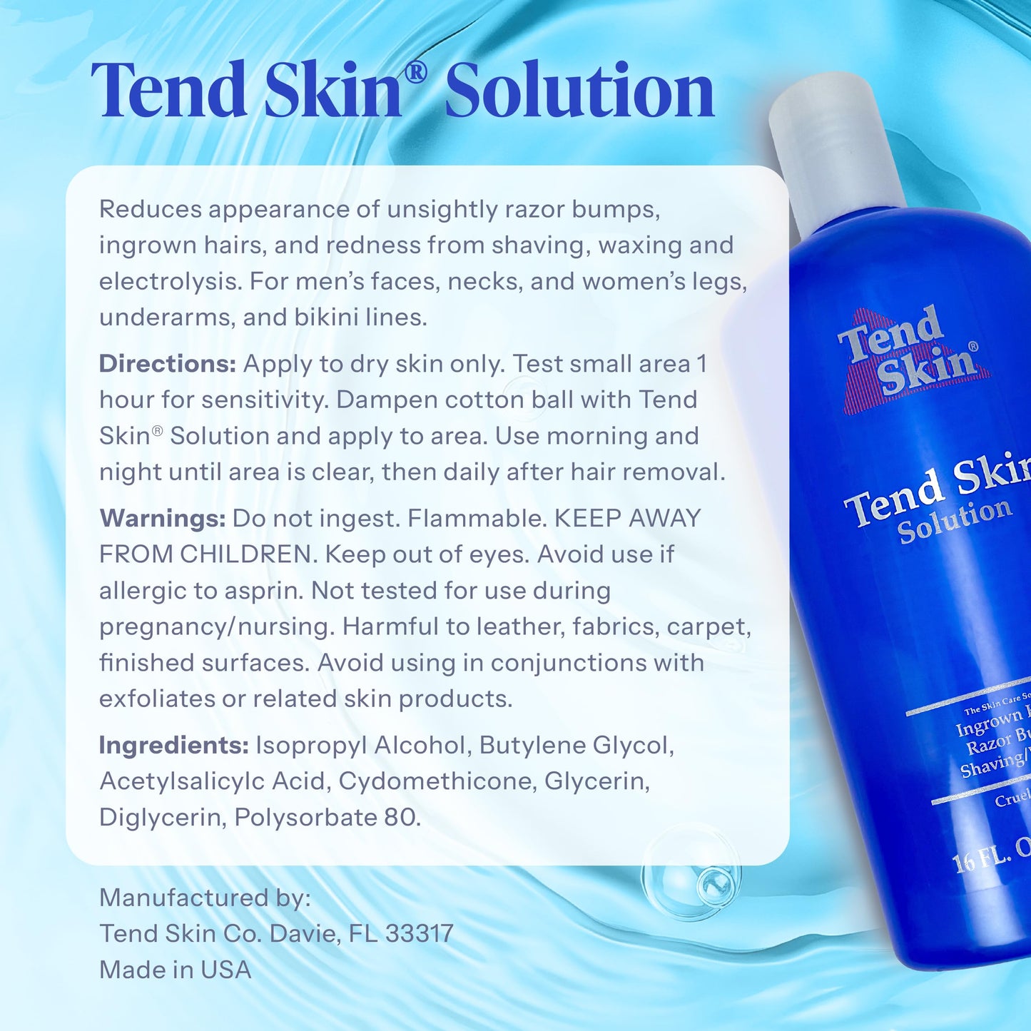 Tend Skin Solution for Unsightly Razor Bumps, Ingrown Hair and Razor Burns, Post Shaving and Waxing Toner for Men and Women, Made in USA, 16 Oz
