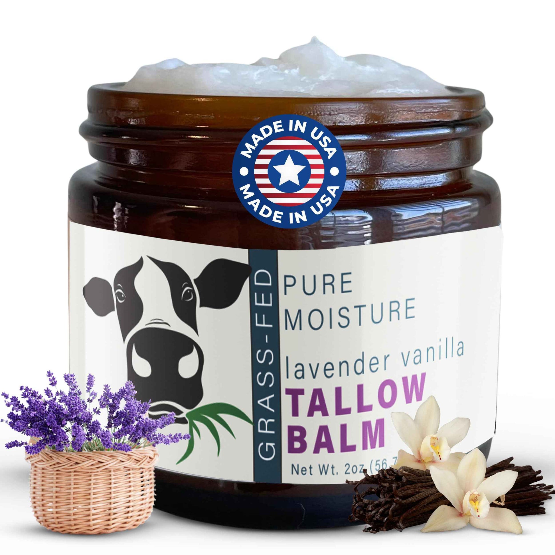 Hygge Beaute Beef Tallow for Skin - Handmade Organic Grass Fed Beef Tallow Face Moisturizer - 2 OZ Lavender Vanilla Scented Beef Tallow Balm with Deep Hydration, Soothing Relief, Skin Repair