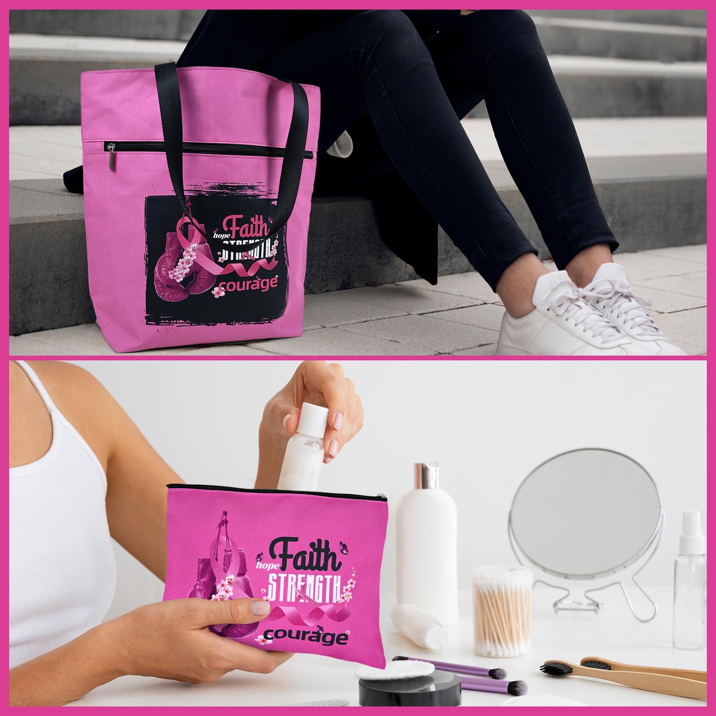 Kuabiz Breast Cancer Awareness Gifts for Women Cancer Awareness Tote Bag Large Chemo Care Package 20oz Stainless Steel Tumbler