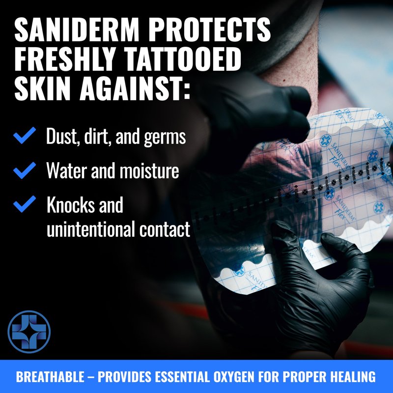 Saniderm - Flex Tattoo Aftercare Bandage - Ultra-Flexible, Waterproof, Sterile Tattoo Wrap for Fast, Clean Healing - (3 Sheets, 8"x10")