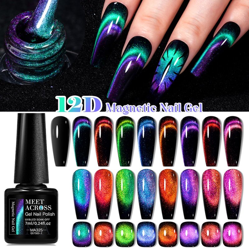 MEET ACROSS 12D Cat Eye Gel Nail Polish Set, Colorful Holographic Cat Eye Glitter Gel Polish Blue Purple Green Nail Gel Polish Kit with Base Top Coat and Magnet Soak Off Nail Art Gel DIY Salon Gift