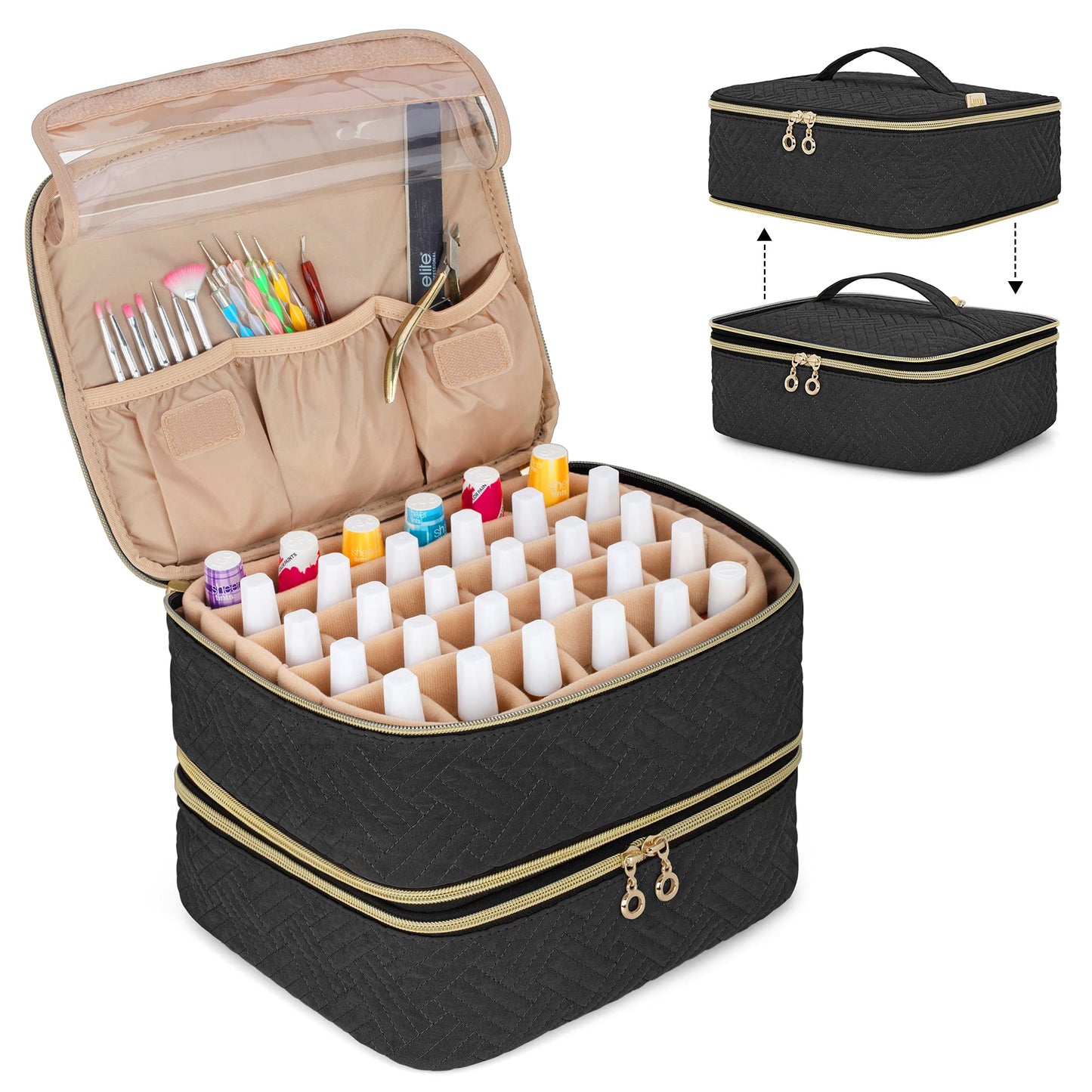 LUXJA Detachable 2 Layers Nail Polish Organizer - Hold 60 Bottles (15ml - 0.5 fl.oz), Nail Polish Case with Tools Storage Pockets (Patented Design), Black