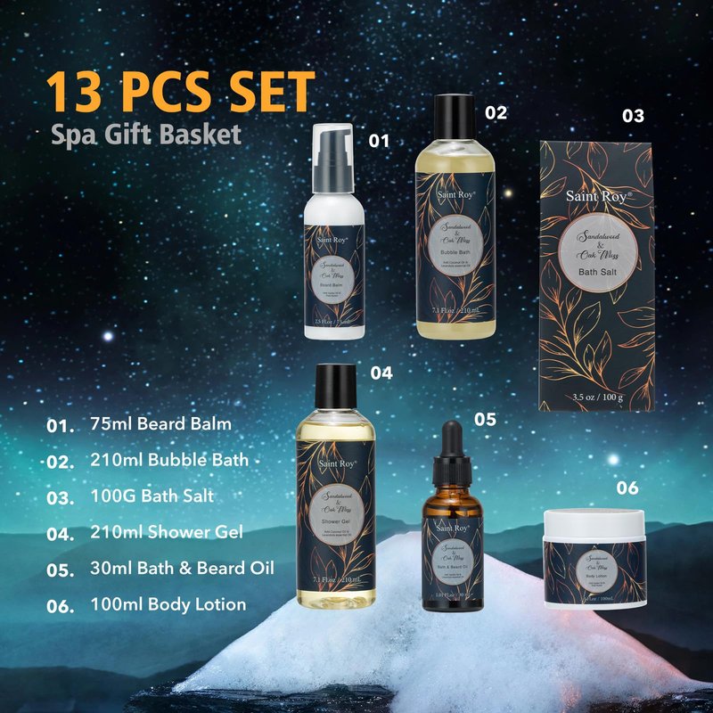 Fathers day gift baskets Birthday Day Gifts for Him Spa Gift Basket for Men, Body Wash, 13pcs Sandalwood Oak Moss Bath and Beard Kit for Men with Beard Brush, Christmas Gifts Spa Kits for Man dad