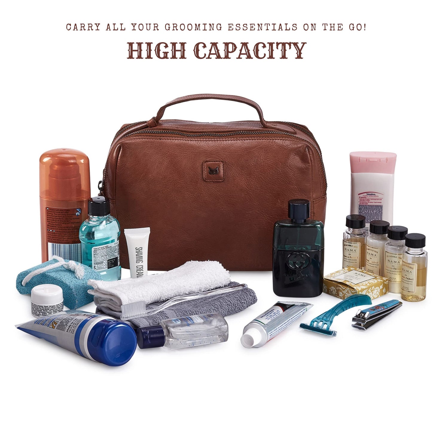Wise Owl Accessories Real Leather Toiletry Bag Dopp Kit for Men Women Travel Shaving Pouch Organiser With Waterproof Lining Double Compartment Cosmetic Case Gift (Cognac)