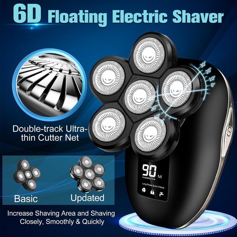 Electric Shaver for Men, 6 in 1 Electric Razor for Men, IPX7 Wet/Dry Waterproof Men's Shavers Rotary Head with Shavers Kit LED Display, Gifts for Husband, Dad,Boyfriend (Silver)