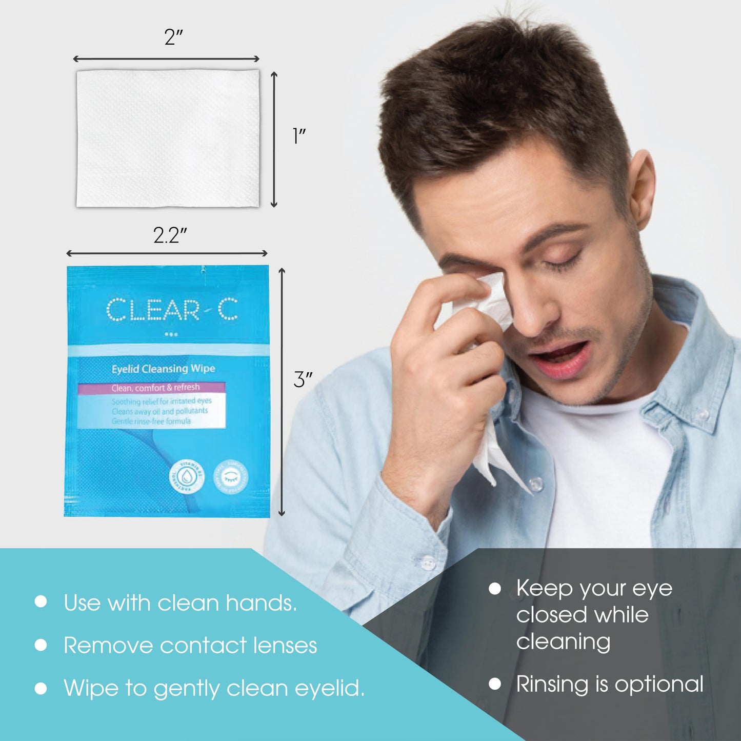 Clear C Eyelid Wipes Pre-Moistened for Dry Eyes – Rinse Free Eye Lid Cleaning – Individually Wrapped Travel Eye Wipes, 3 Boxes of 30