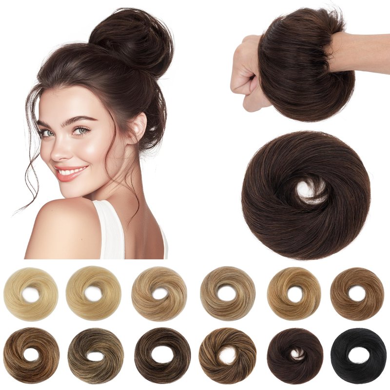 SEGO Messy Human Hair Bun Hairpieces Real Scrunchies 30g Larger Straight Tousled Bun Updo Donut Chignon Ponytail Extensions for Women Girls-1 Count 30g #2R Dark Brown