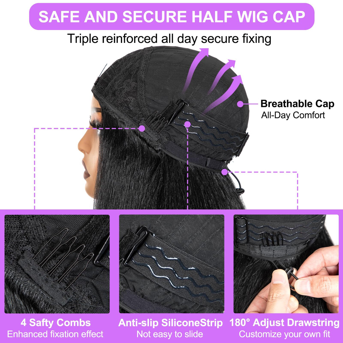 COOKOO Yaki Straight Half Wig Synthetic Hair 3 In 1 Beginner Friendly No Lace Flip Over Half Wigs Drawstring Ponytail Wig Natural Black Glueless Kinky Straight Half Wigs for Women 26 Inch