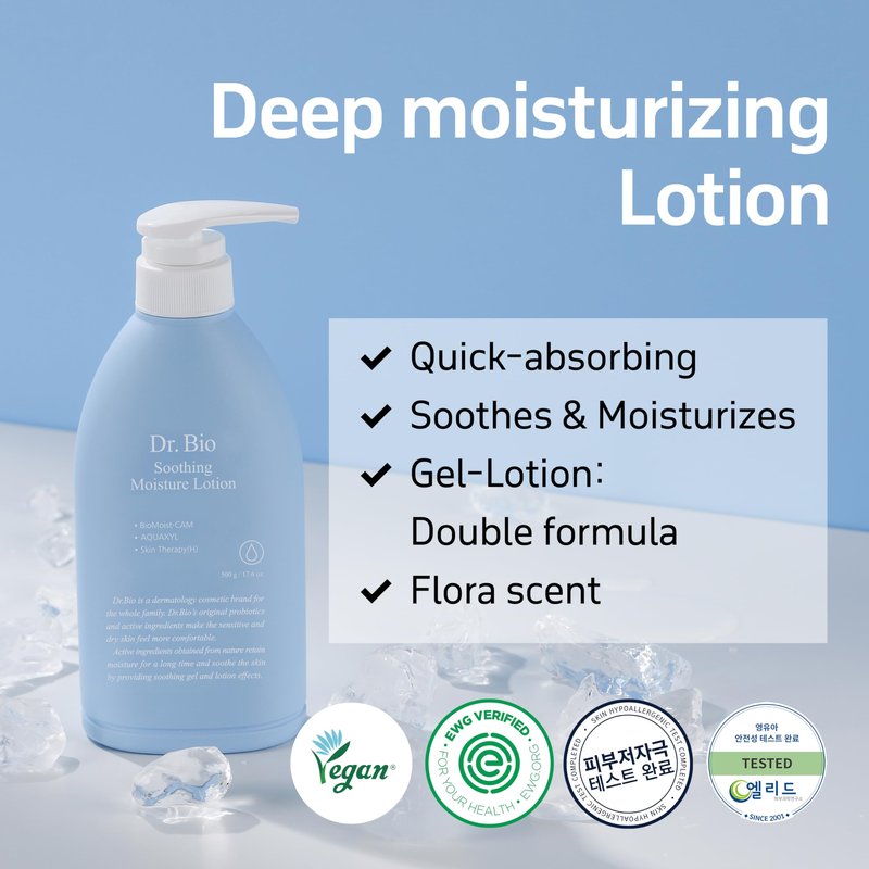 Dr.Bio Soothing Moisture Lotion, Hydrating, Lightweight Korean Body Lotion for Sensitive Skin & Dry Skin, Fragrance-Free, Immediate Moisturizing and Quick Absorbing, Non-greasy Texture, Vegan