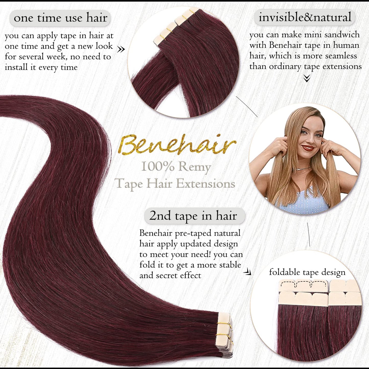 Benehair Red Tape-in Hair Extensions, 18" Human Hair, 20pcs, 50g/pack, Straight, Seamless Skin Weft, Natural, Wine Red