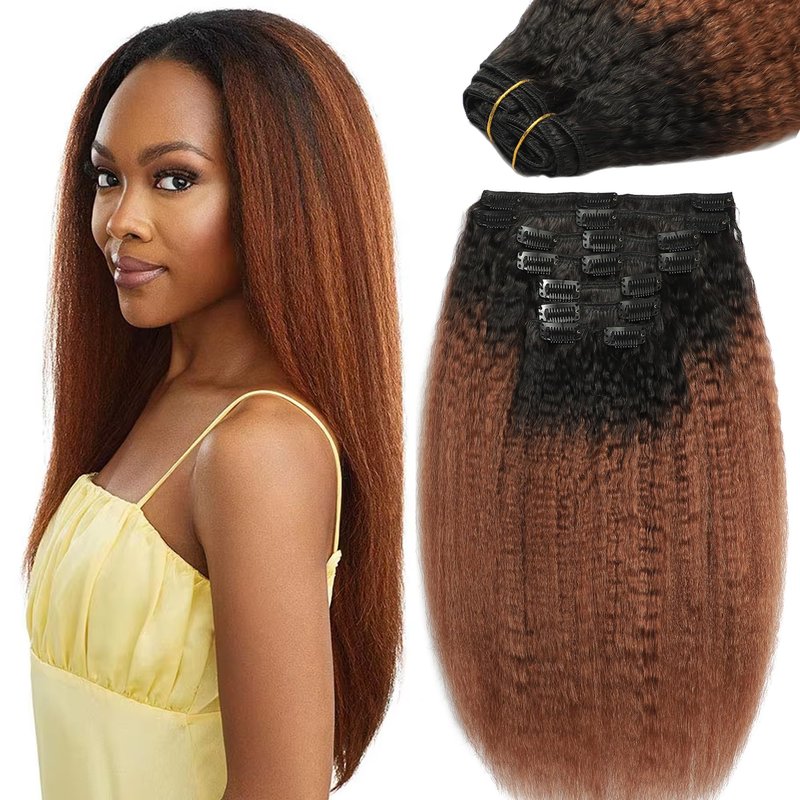 Yaki Straight Clip in Hair Extensions Real Human Hair T1B/4 Brown Kinky Straight Hair Clip ins for Women Invisible & Scalp-Friendly 8pcs with 18 Clips 120g Per Set (18 Inch)