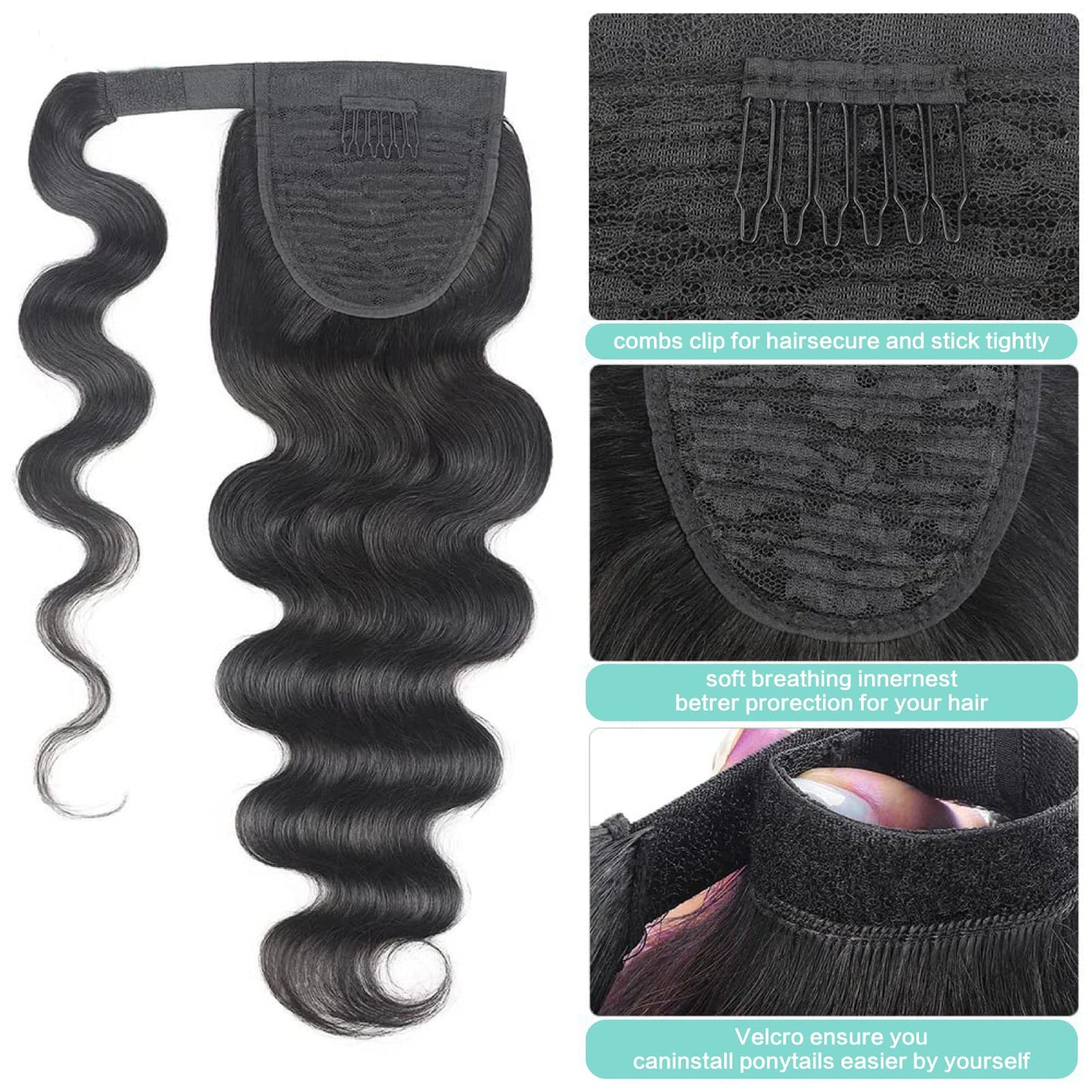Humistwbiu Human Hair Body Wave Ponytail with Magic Paste Warp Around 100% Brazilian Virgin Human Hair Ponytail for Black Women Natural Color 18 Inch