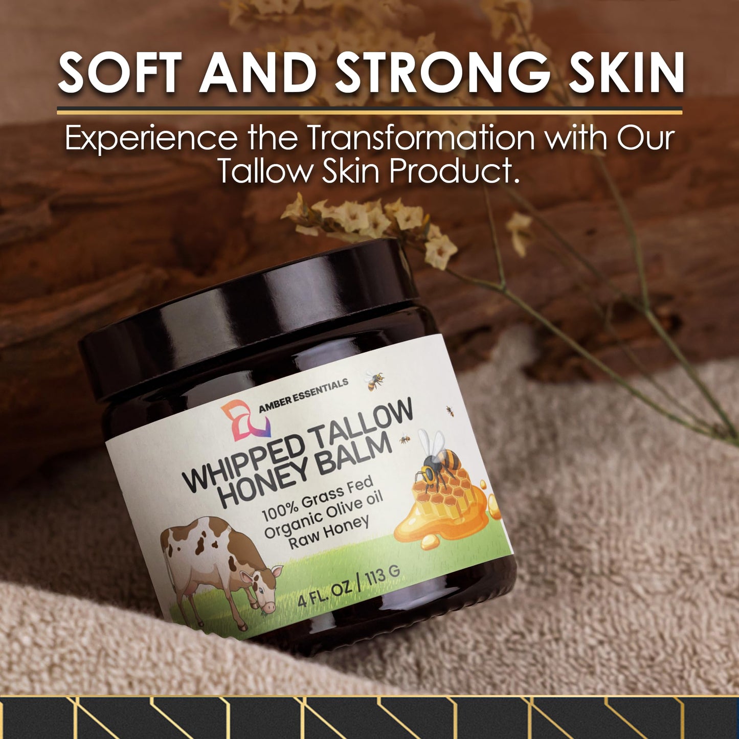 AMBER ESSENTIALS Organic Grass-Fed Beef Tallow and Honey Balm | All-Natural Moisturizer with Raw Honey & Olive Oil | Face + Body Cream for Dry, Sensitive Skin, Anti-Aging, Cracks, Acne-Prone Skin 4oz
