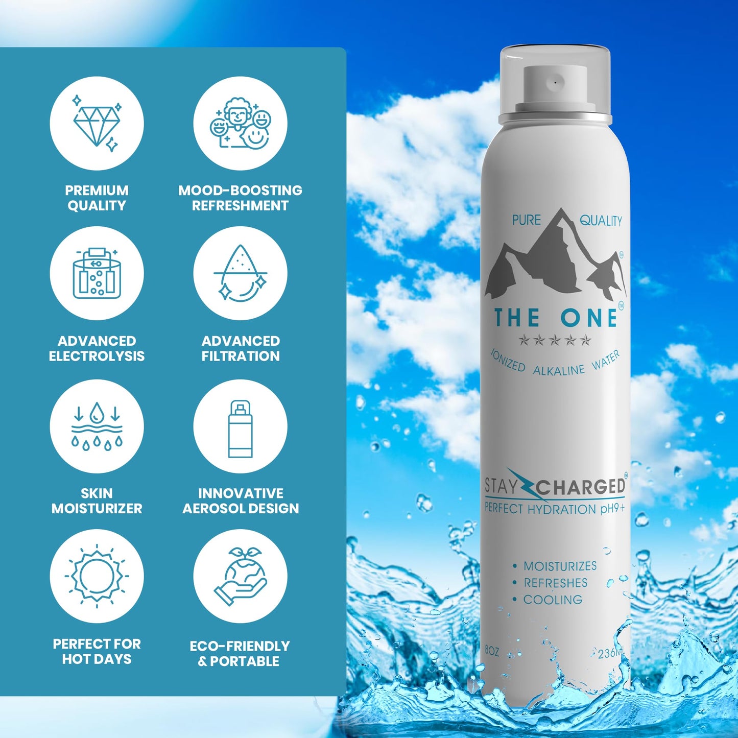 THE ONE Ionized Alkaline Water | Pure Hydration | Alkaline pH for Refreshing Hydration | Facial & Body Mist