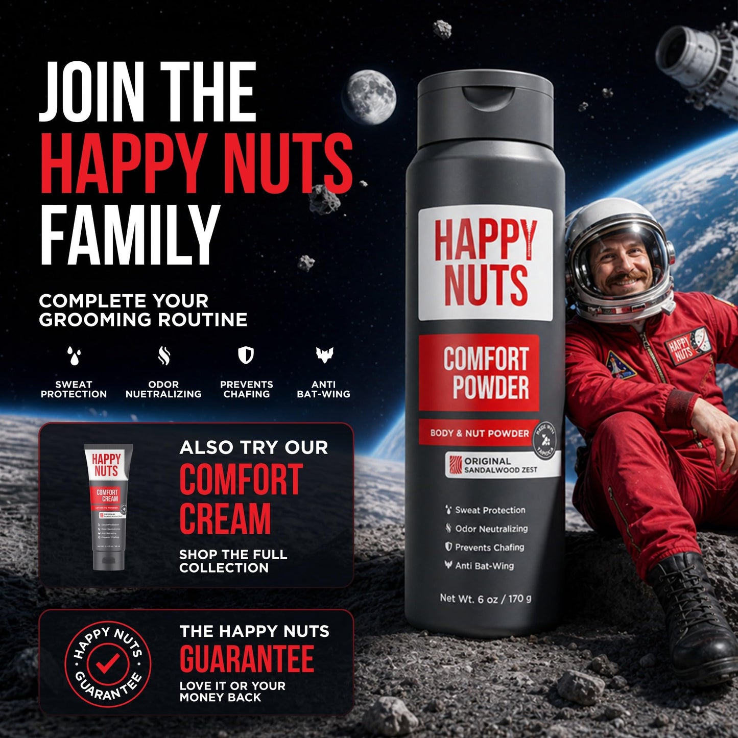 HAPPY NUTS Comfort Powder Deodorant For Men: Anti-Chafing Sweat Defense, Odor Control, Aluminum-Free, 6 oz (3 Pack), Original Scent