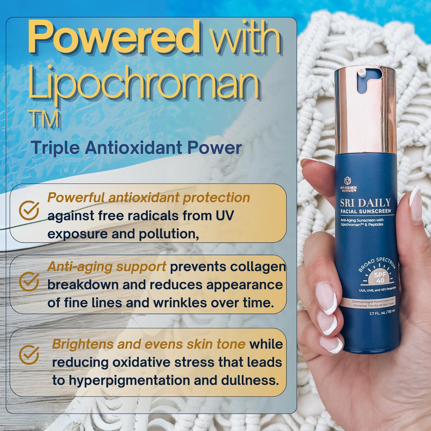 SRILabs Daily Facial Sunscreen - SPF 40 - Anti-Aging with Lipochroman & Peptides - Transparent Zinc Oxide - Universal tint & Weightless - 1.7 OZ