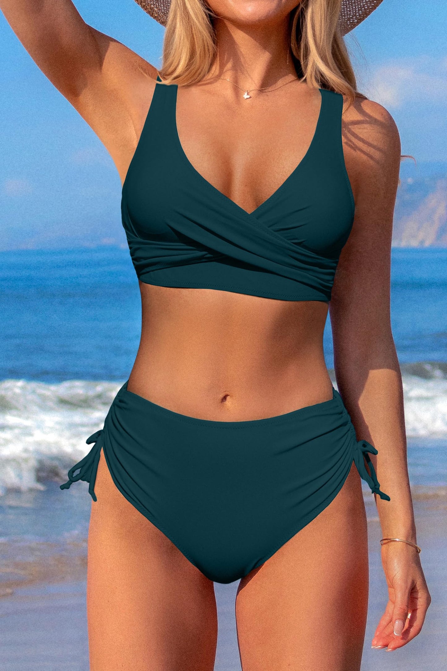 Beachsissi Women's High Waist Bikini Twist Front Tie Back 2 Piece Swimsuits, Teal, M
