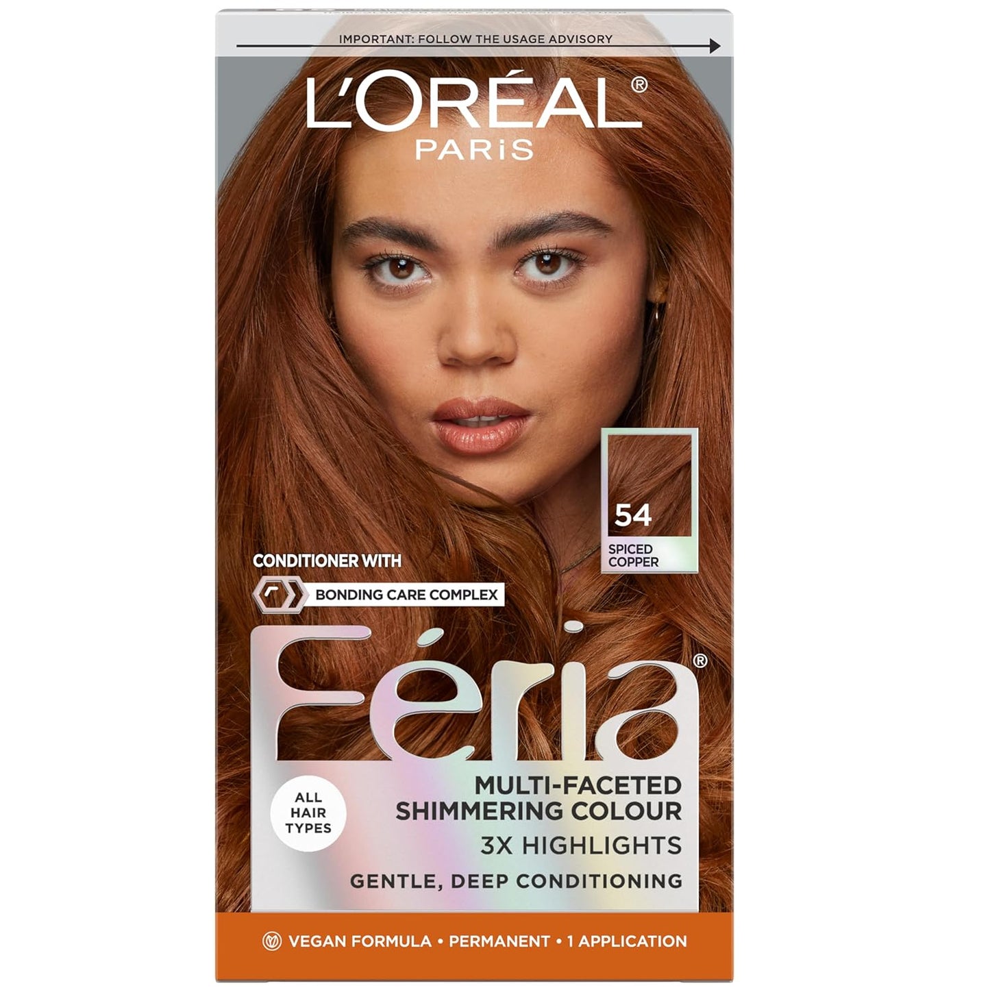 L'Oreal Paris Feria High Intensity Hair Color - Multi-Faceted Shimmering Dye | 54 Spiced Copper, 1 Kit