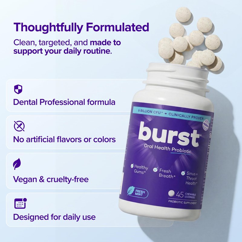 Burst Dental Probiotics (45 Count) | Oral Probiotics for Teeth and Gums | Immune System & Sinus Support | Promotes Upper Respiratory & Oral Health | Bad Breath Treatment for Adults | Made in the USA