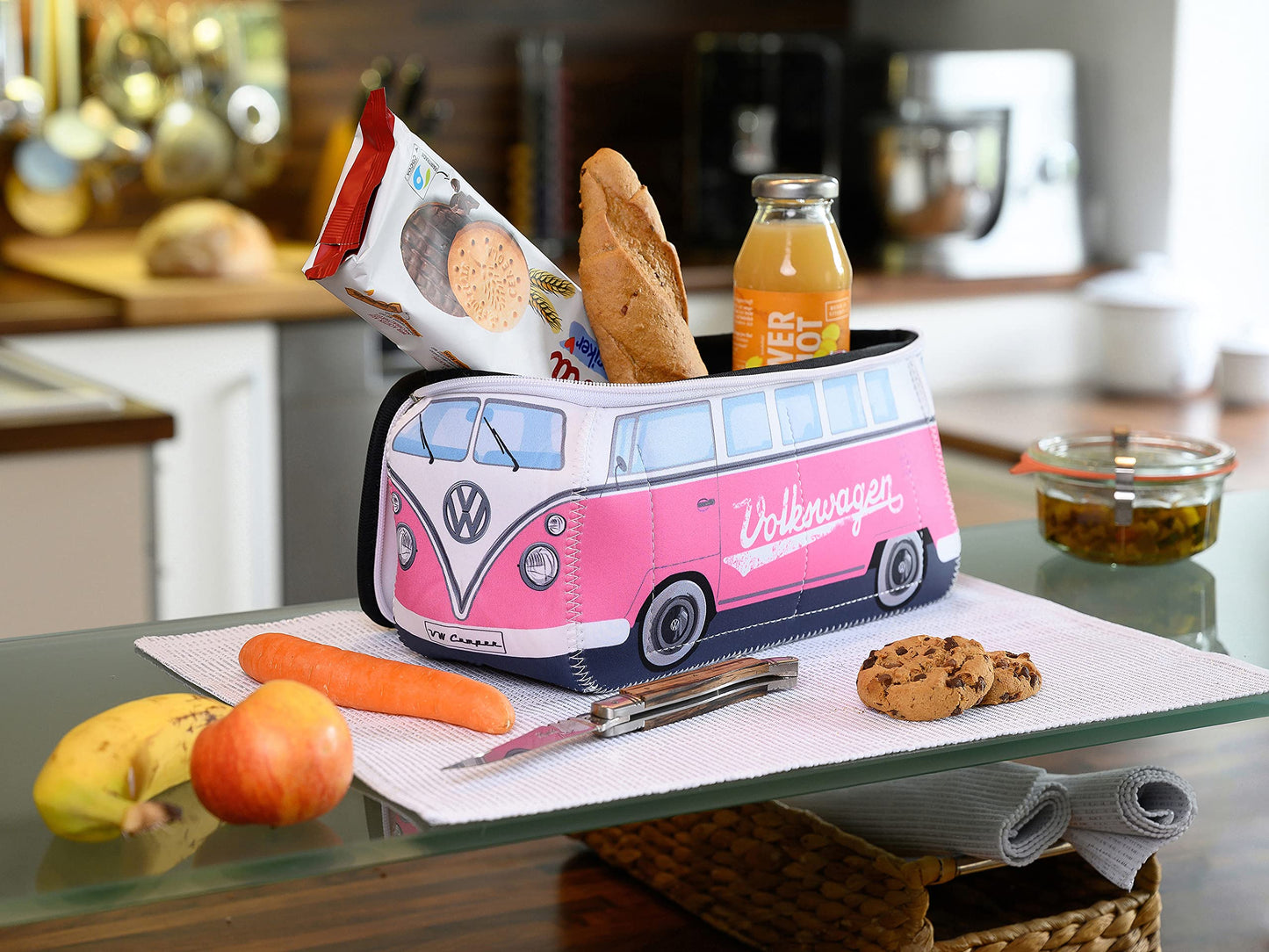 BRISA VW Collection - Volkswagen Neoprene Universal Makeup Cosmetics Toiletry Travel Pharmacy Bag in T1 Bus Design (Pink/Large) (Large (11.8 x 5.5 x 4.7 inches))