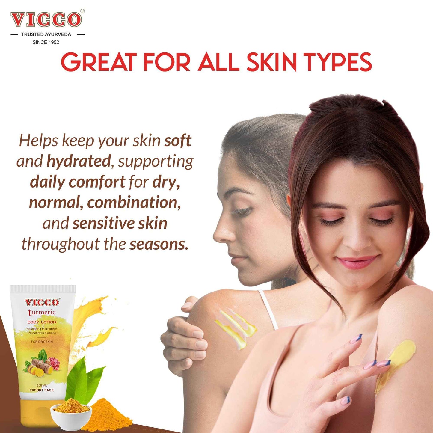 Vicco Turmeric Body Lotion with Herbal Ingredients, Moisturizing Body Lotion, Hydrates & Nourishes Skin, For Daily Skincare Routine, 6.76 Fl Oz (Pack of 2)