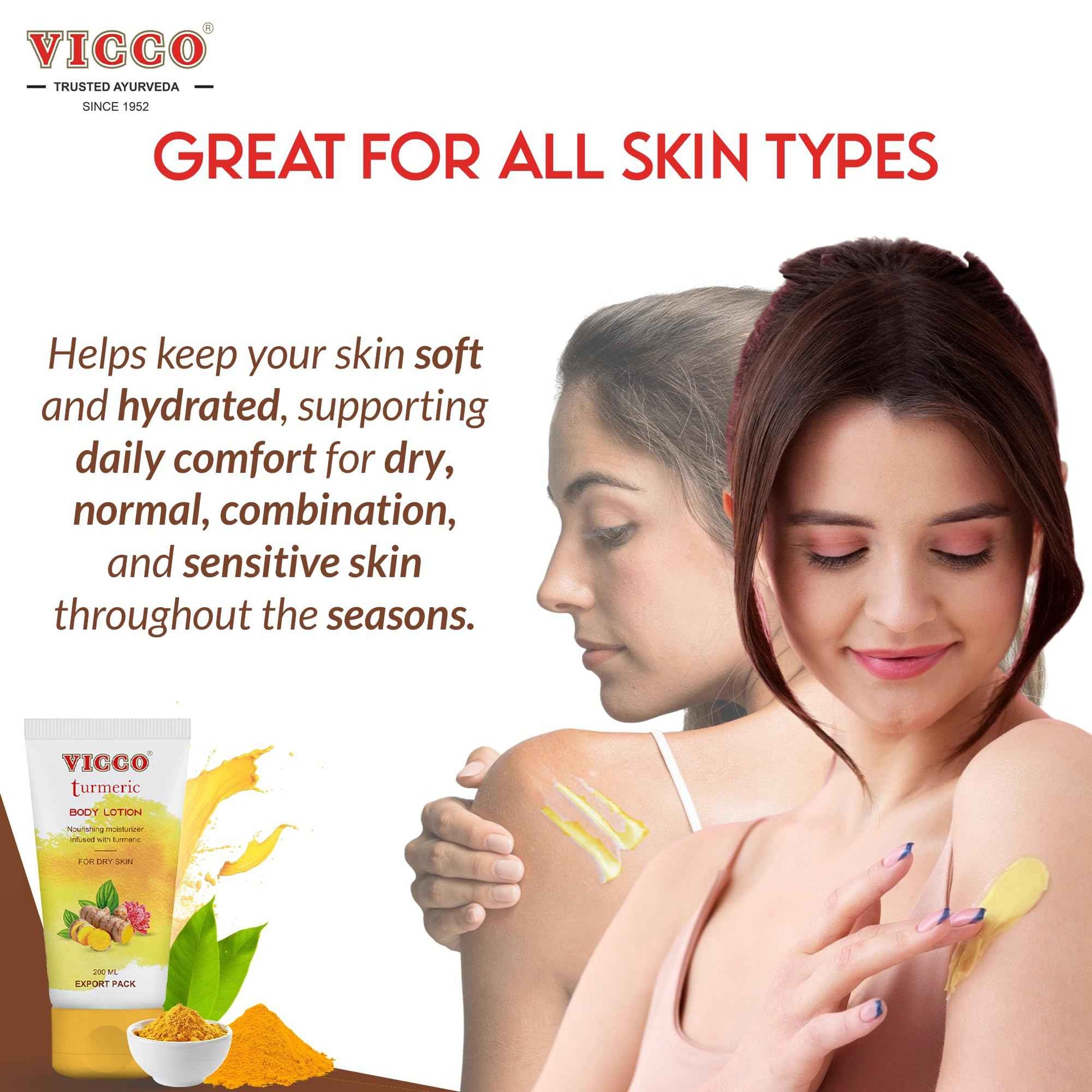 Vicco Turmeric Body Lotion with Herbal Ingredients, Moisturizing Body Lotion, Hydrates & Nourishes Skin, For Daily Skincare Routine, 6.76 Fl Oz (Pack of 2)