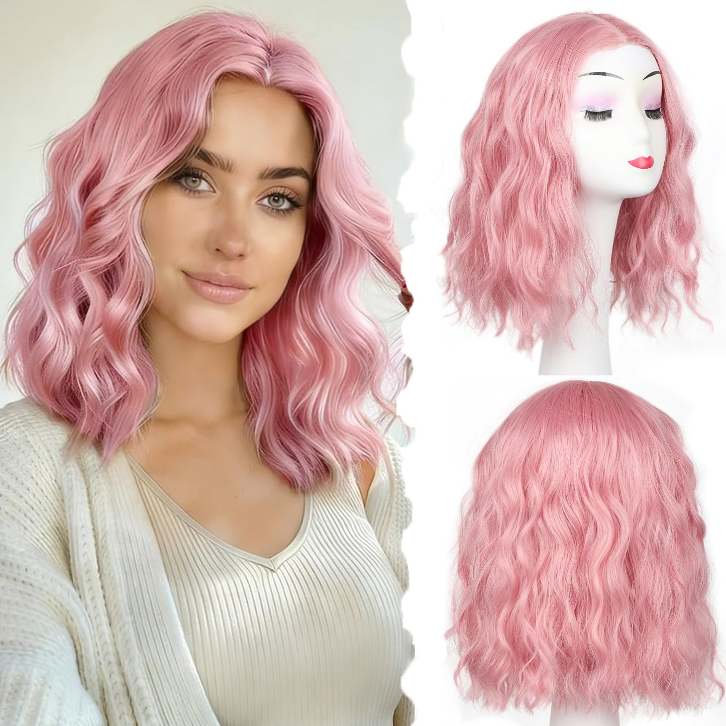 Pink Wig for Women Pre Cut Hand-Tied Lace Short Wigs for Women Wavy Natural Hairline Middle Part Hair Replacement Wigs for Beginners 14 Inch Natural Bob Style Synthetic Wig 3 Seconds Wear for Daily