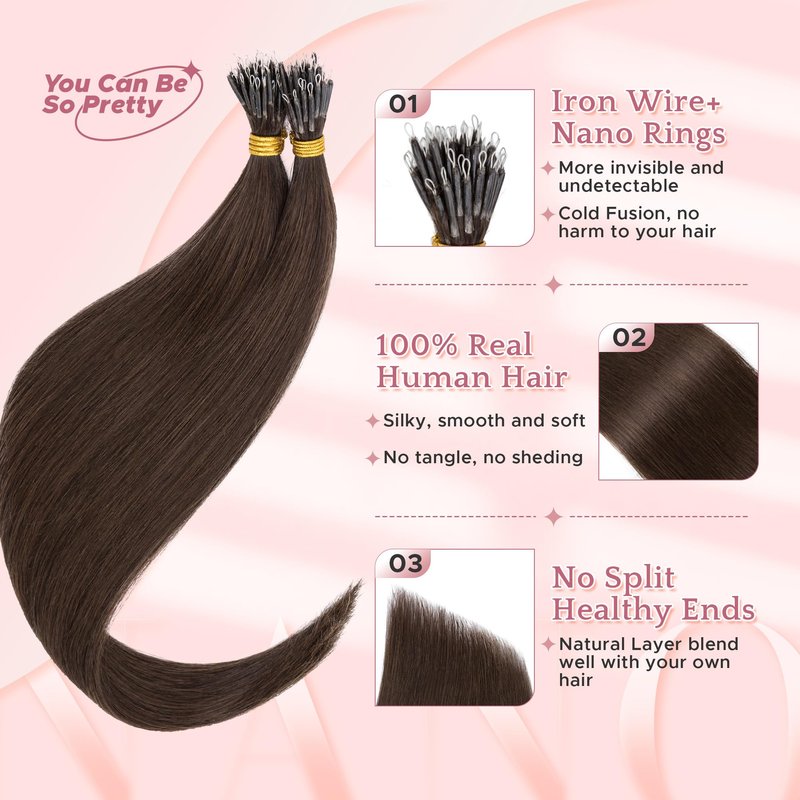 SEGO Nano Tip Hair Extensions Human Hair, Nano Beads Balayage Seamless Highlight Pre-bonded Extensions for Women, 0.7g/strand, 50 strands 35g/pack -20 Inch#02R Dark Brown